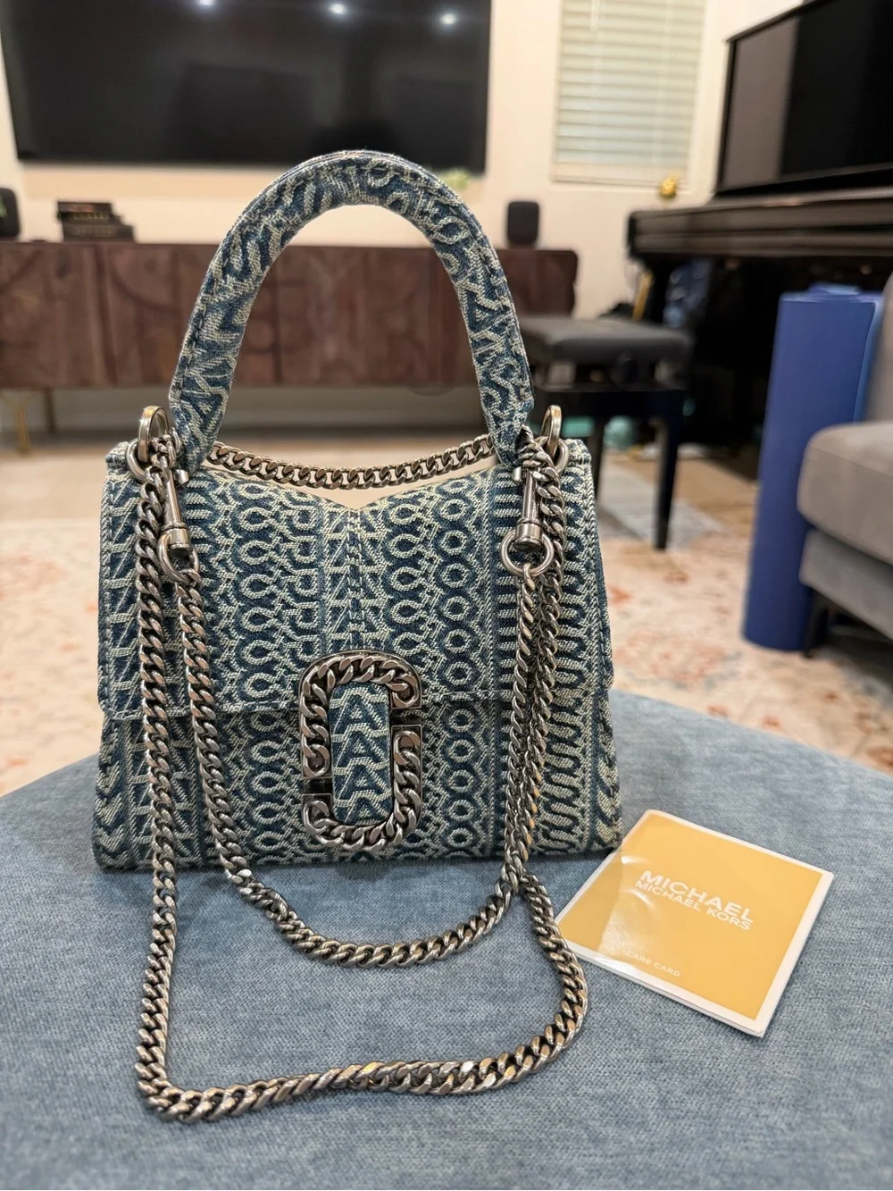 Marc Jacobs Blue Patterned Denim Satchel with Silver Chain
